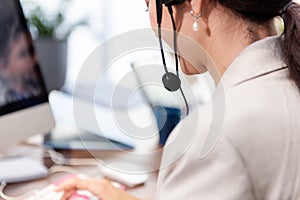 Call center and customer service team support for information operator at work.Â 
